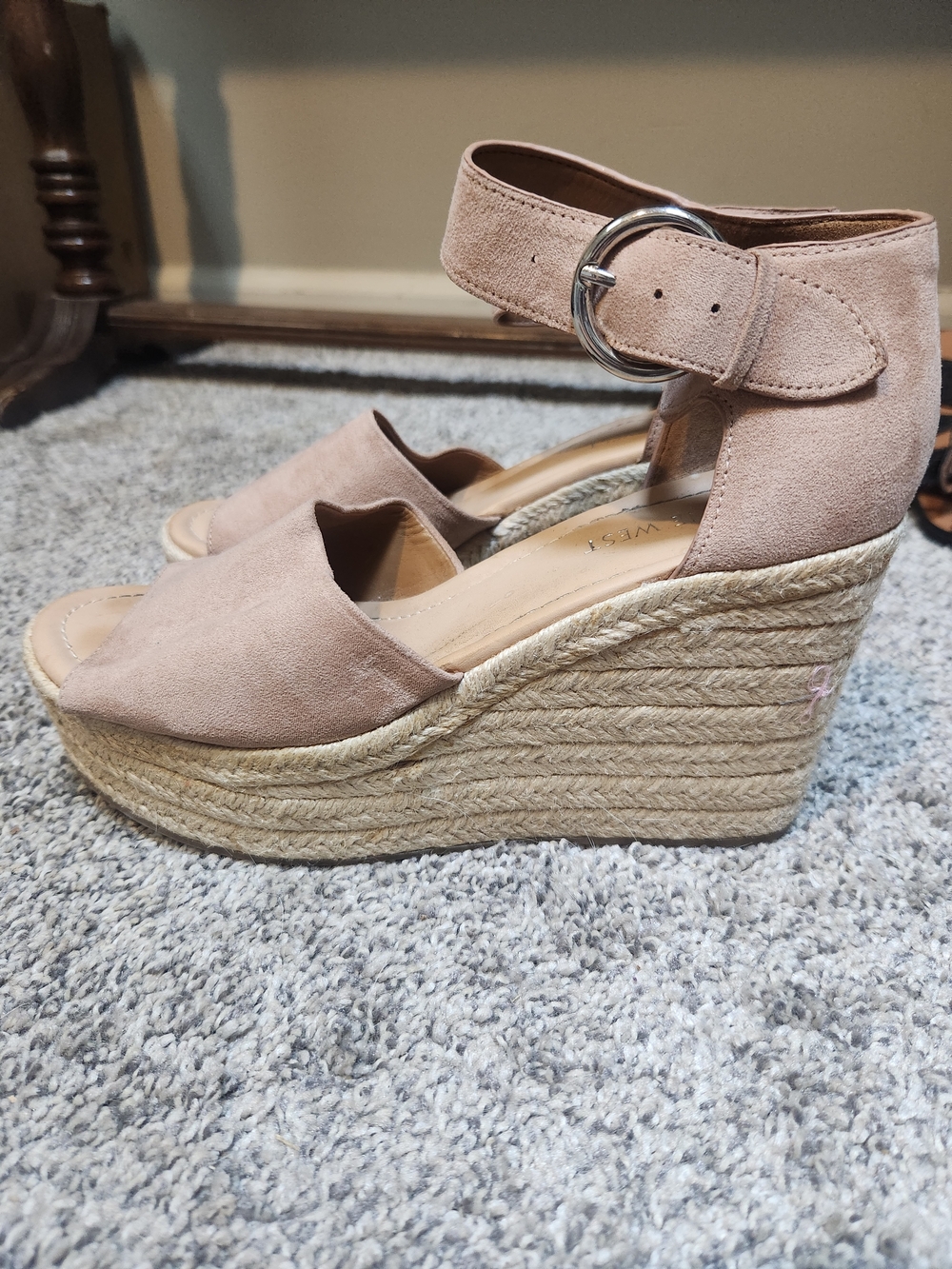 Nine West Blush Suede Espadrille Wedges with Ankle Buckle